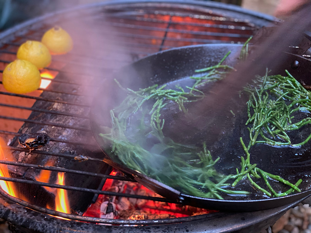Easy Smoked Sea Bass with Samphire and Cockles
